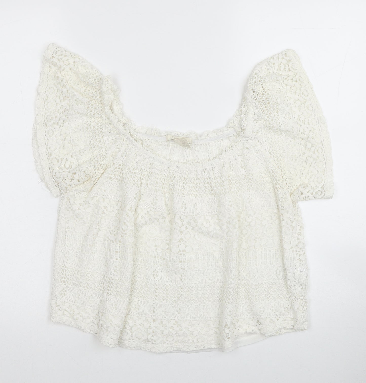 FOREVER 21 Womens White Geometric Cotton Basic Blouse Size M Square Neck - Bardot