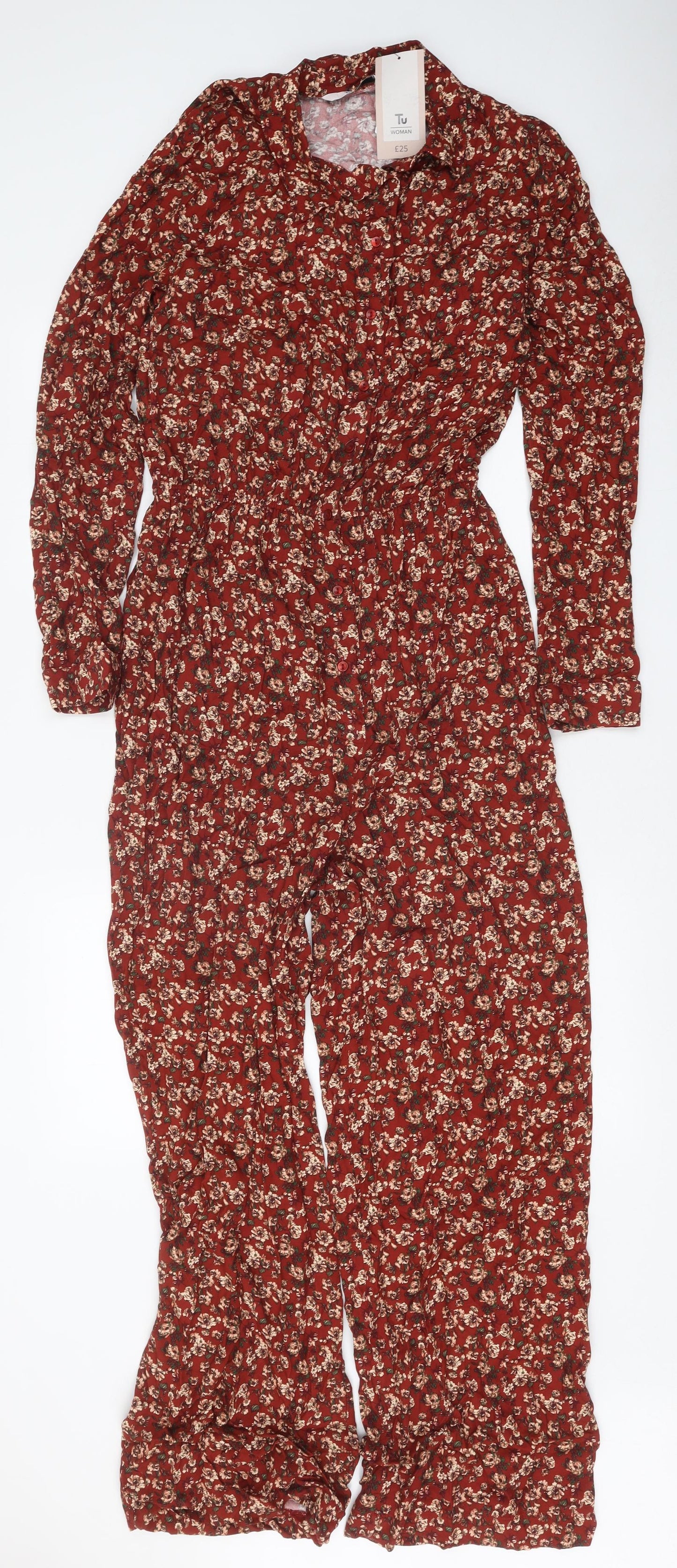 TU Womens Red Floral Polyester Jumpsuit One-Piece Size 12 Button