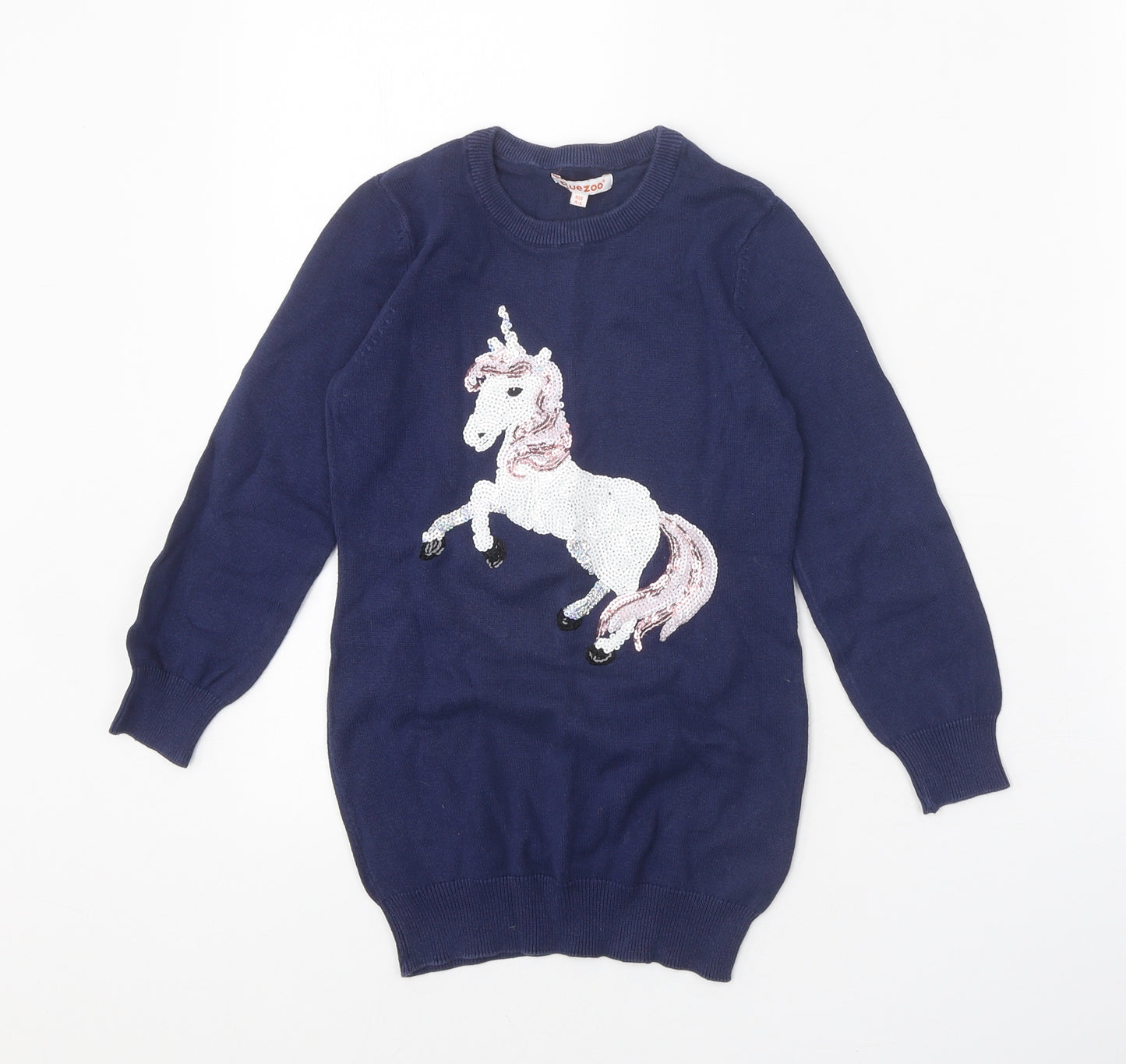 Blue Zoo Girls Blue 100% Cotton Jumper Dress Size 4-5 Years Round Neck Pullover - Unicorn