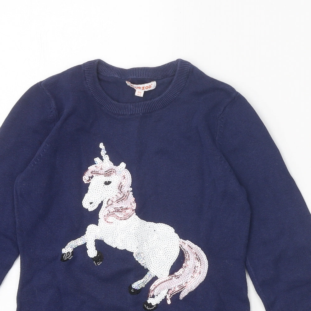 Blue Zoo Girls Blue 100% Cotton Jumper Dress Size 4-5 Years Round Neck Pullover - Unicorn