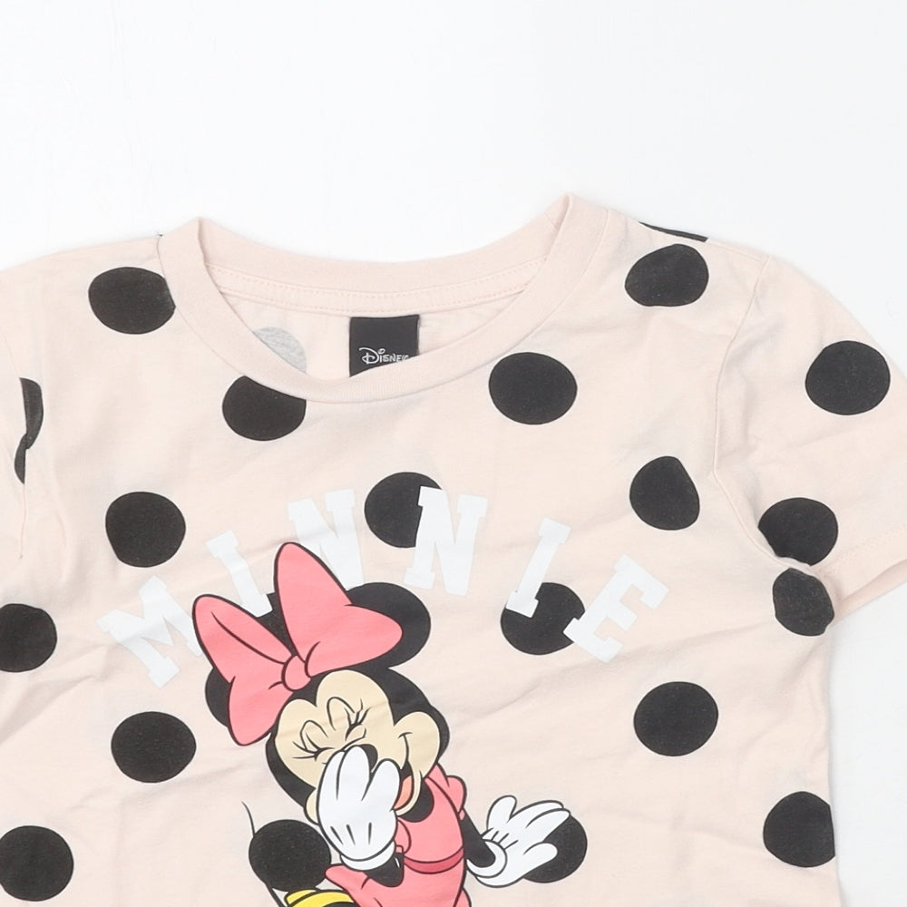 Disney Girls Pink Polka Dot 100% Cotton Basic T-Shirt Size 7-8 Years Round Neck Pullover - Minnie Mouse