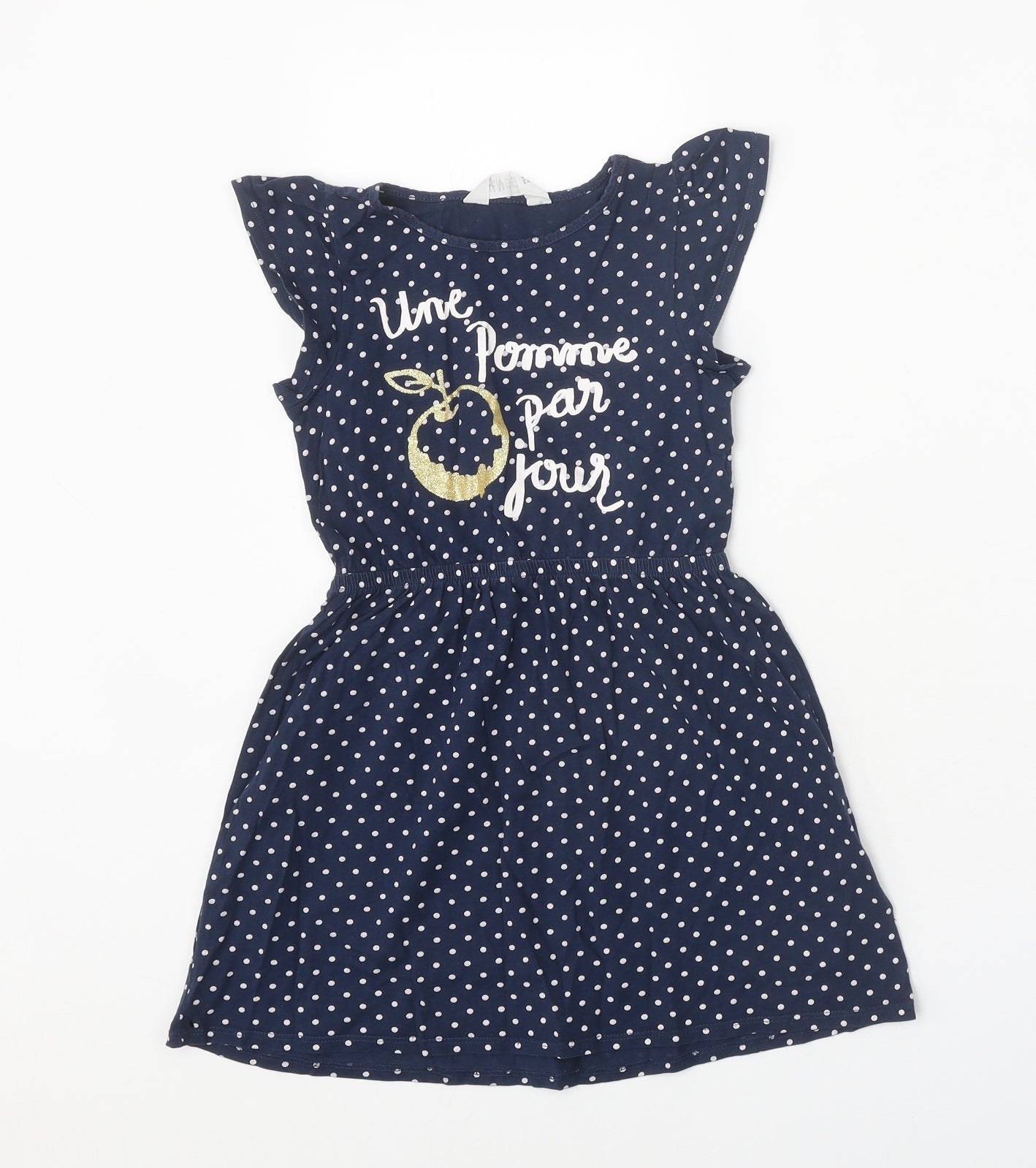 H&M Girls Blue Polka Dot 100% Cotton T-Shirt Dress Size 5-6 Years Round Neck Pullover