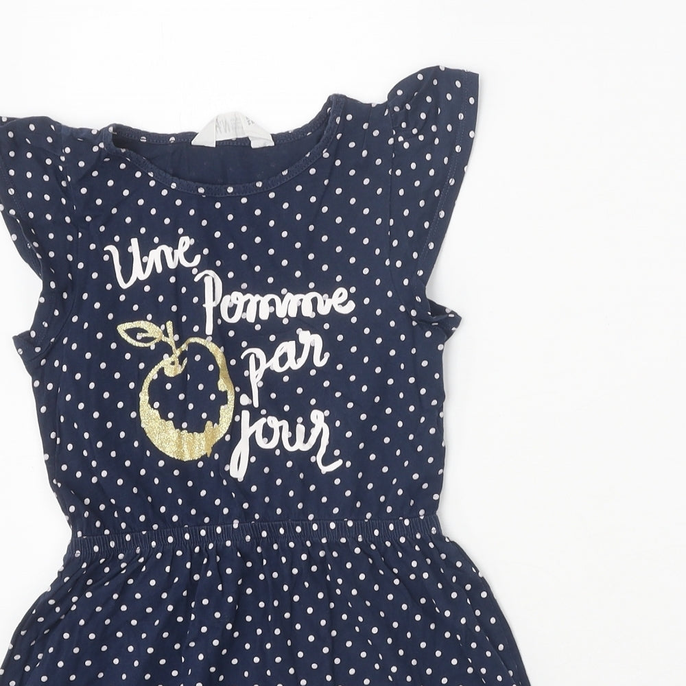H&M Girls Blue Polka Dot 100% Cotton T-Shirt Dress Size 5-6 Years Round Neck Pullover