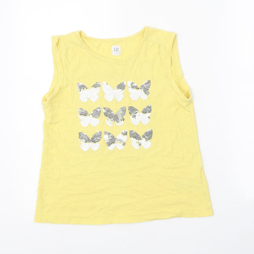 Gap Girls Yellow 100% Cotton Basic Tank Size 10-11 Years Round Neck Pullover - Butterfly