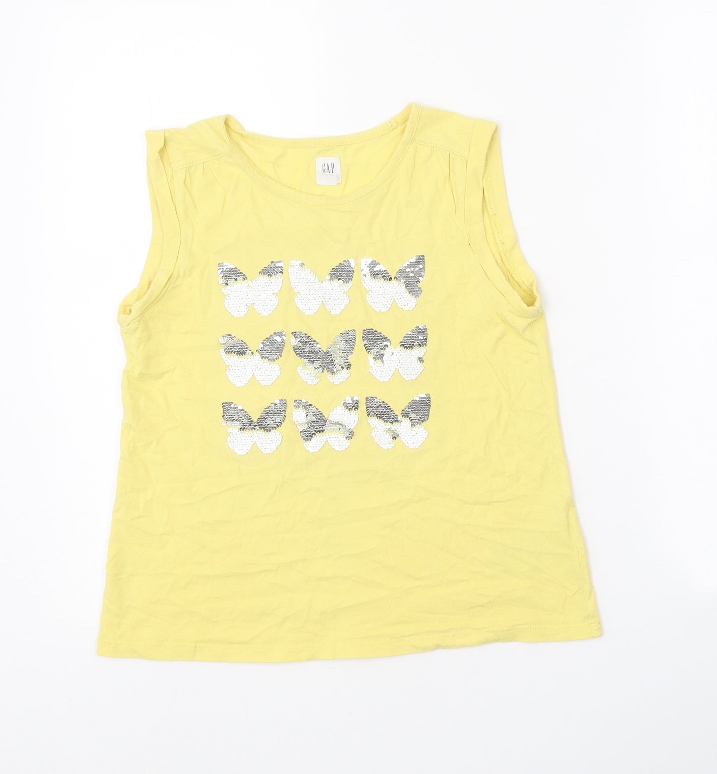 Gap Girls Yellow 100% Cotton Basic Tank Size 10-11 Years Round Neck Pullover - Butterfly