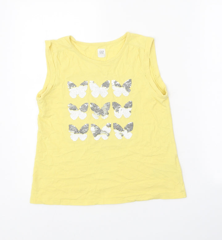 Gap Girls Yellow 100% Cotton Basic Tank Size 10-11 Years Round Neck Pullover - Butterfly