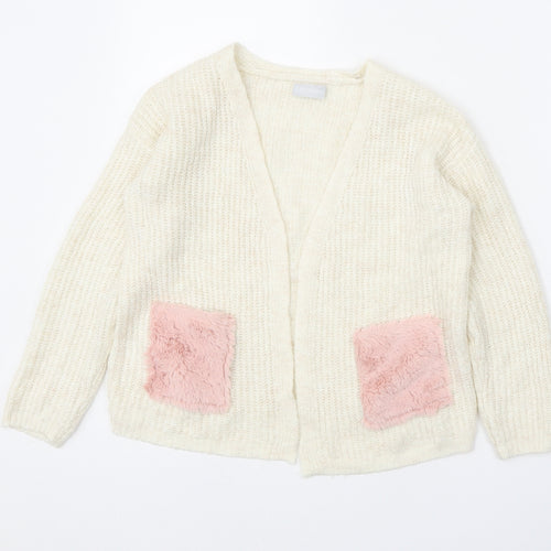 Matalan Girls White V-Neck Acrylic Cardigan Jumper Size 9 Years Pullover