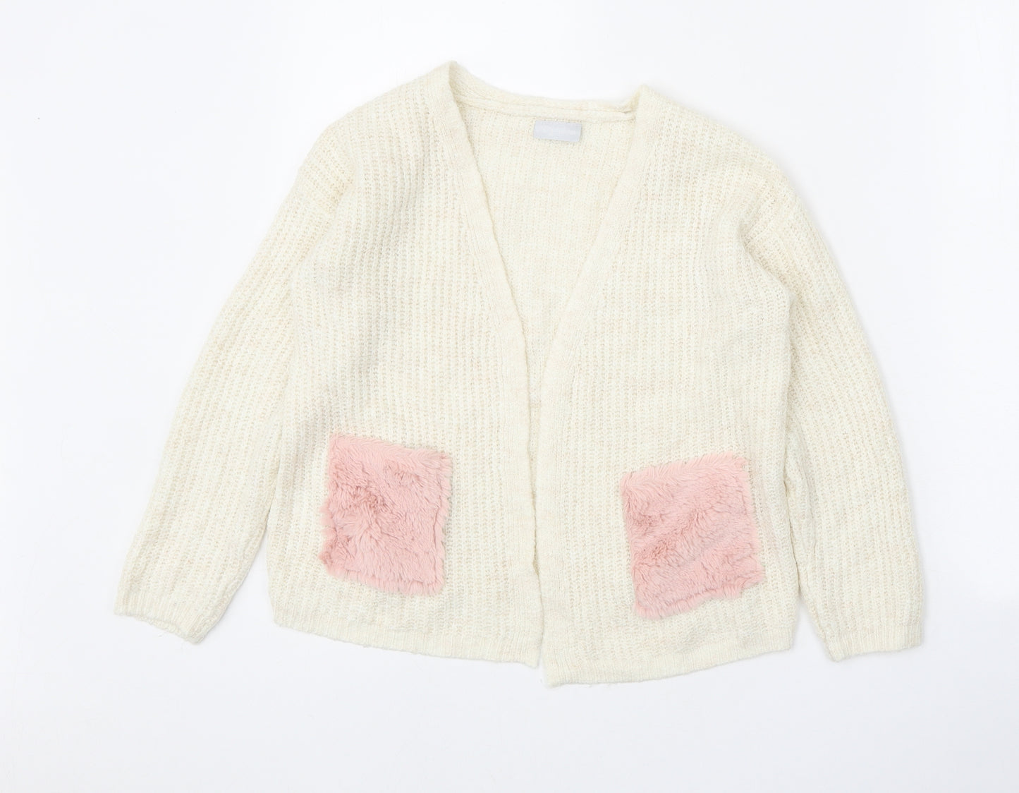 Matalan Girls White V-Neck Acrylic Cardigan Jumper Size 9 Years Pullover