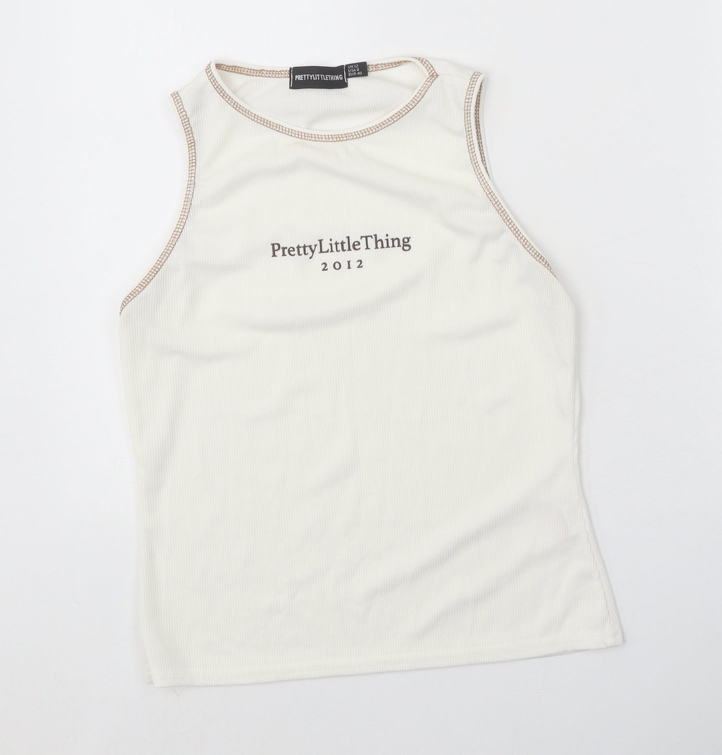 PRETTYLITTLETHING Womens White Polyester Basic Tank Size 12 Round Neck