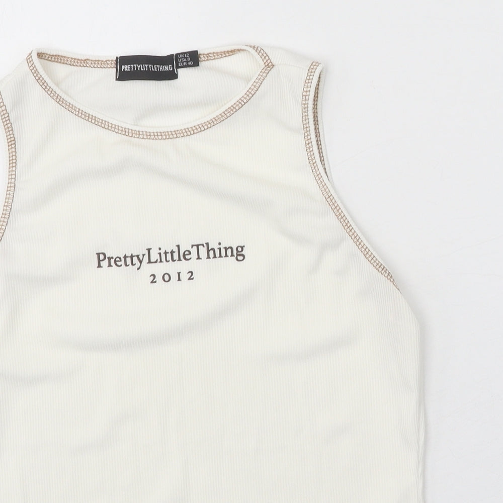 PRETTYLITTLETHING Womens White Polyester Basic Tank Size 12 Round Neck