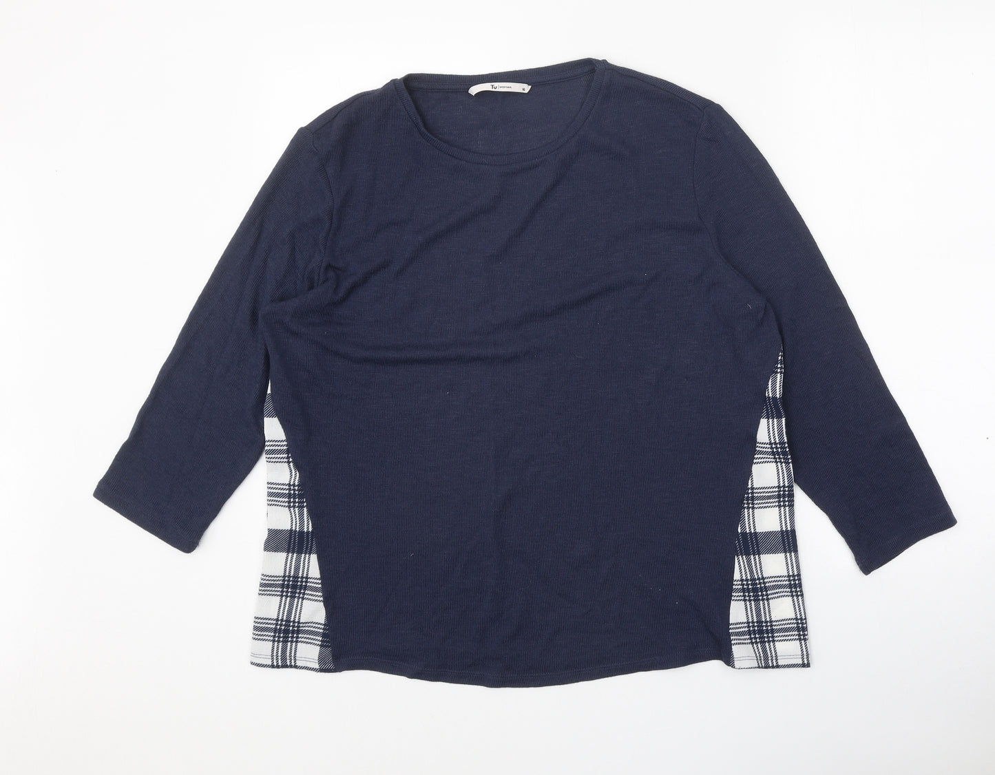 TU Womens Blue Round Neck Plaid Polyester Pullover Jumper Size 16
