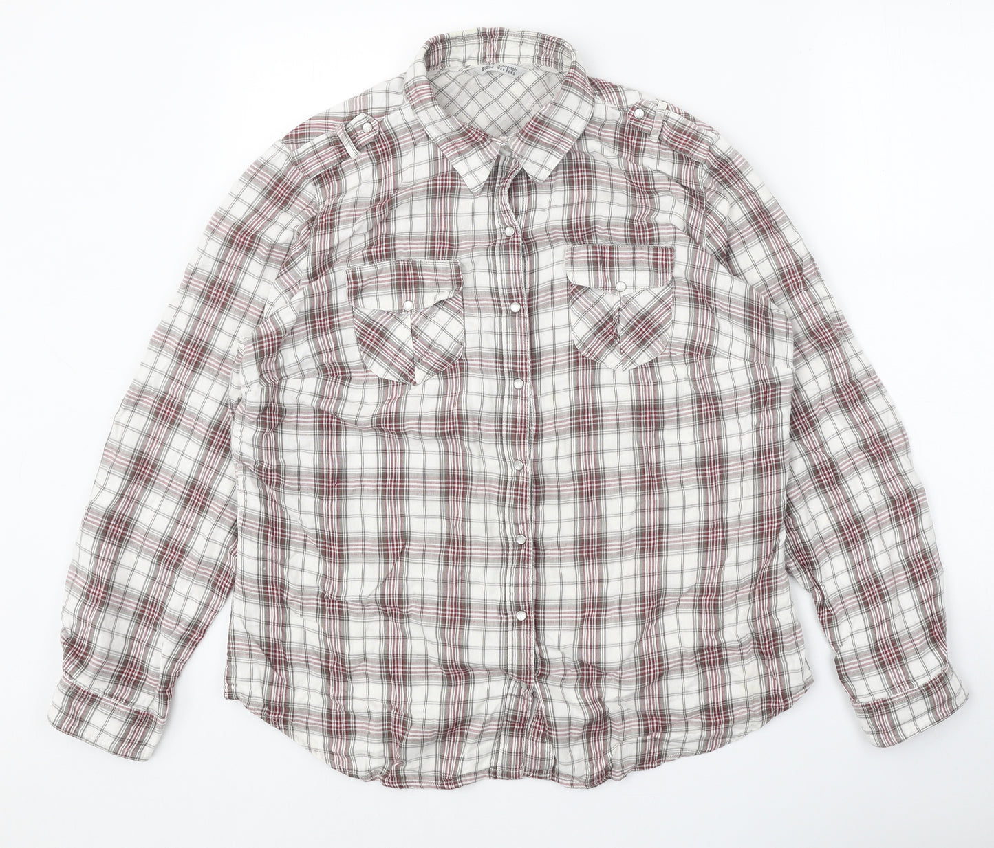 Autograph Womens White Plaid 100% Cotton Basic Button-Up Size 16 Collared