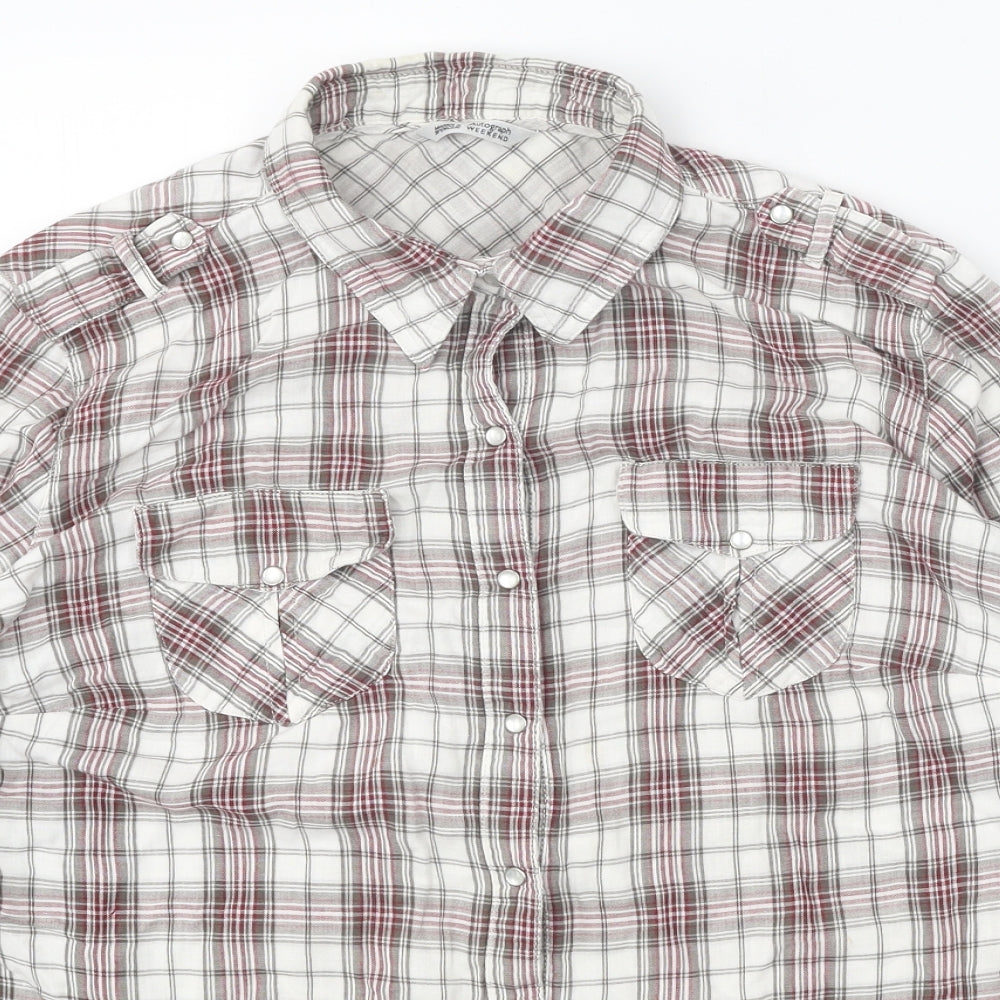 Autograph Womens White Plaid 100% Cotton Basic Button-Up Size 16 Collared