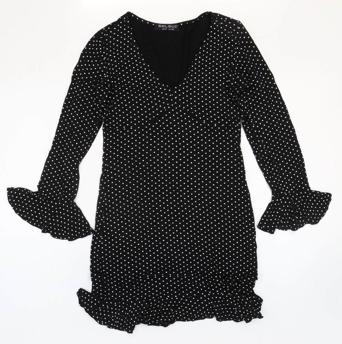 Select Womens Black Polka Dot Viscose Mermaid Size 12 V-Neck Pullover