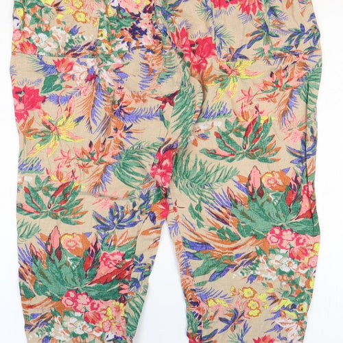 Marks and Spencer Womens Multicoloured Floral Flax Jogger Trousers Size 14 Regular Drawstring