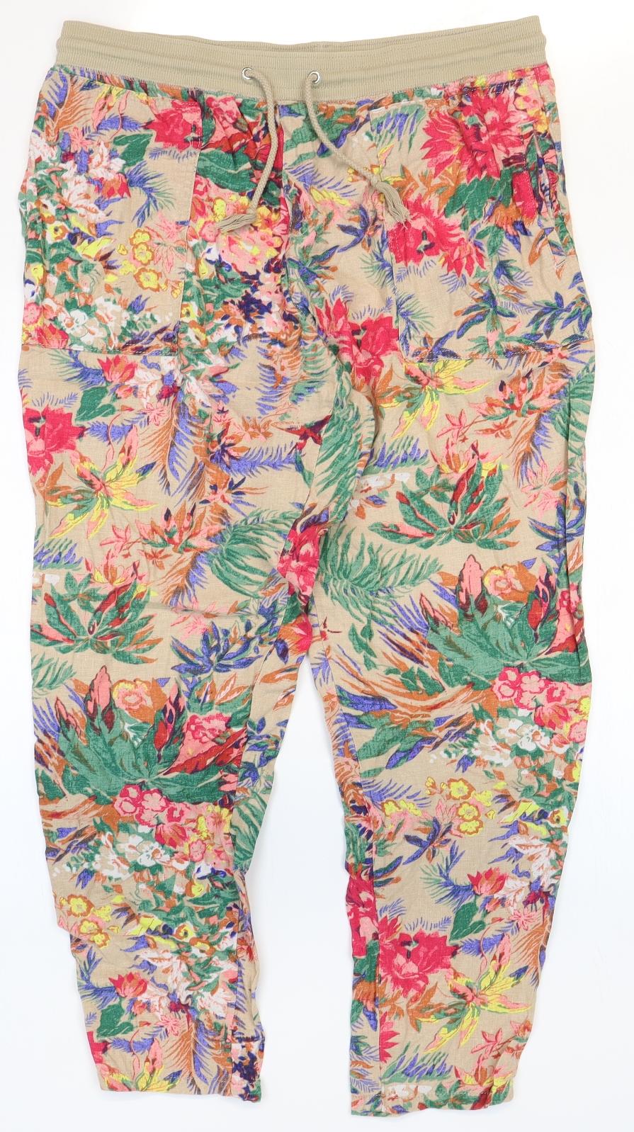 Marks and Spencer Womens Multicoloured Floral Flax Jogger Trousers Size 14 Regular Drawstring