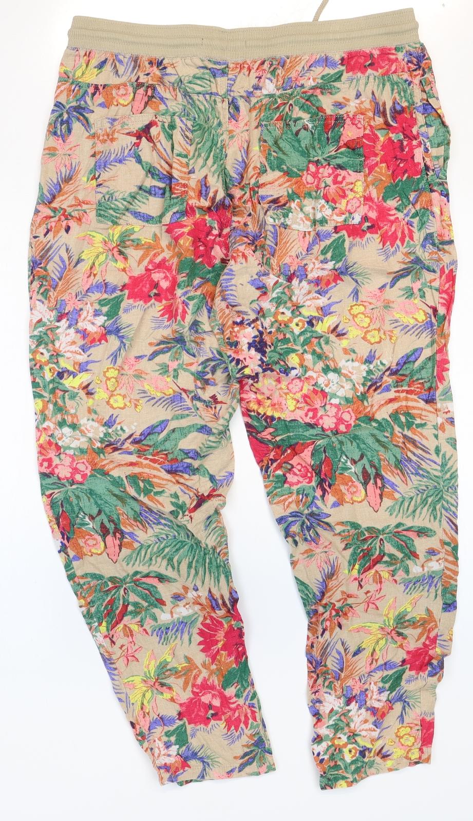 Marks and Spencer Womens Multicoloured Floral Flax Jogger Trousers Size 14 Regular Drawstring