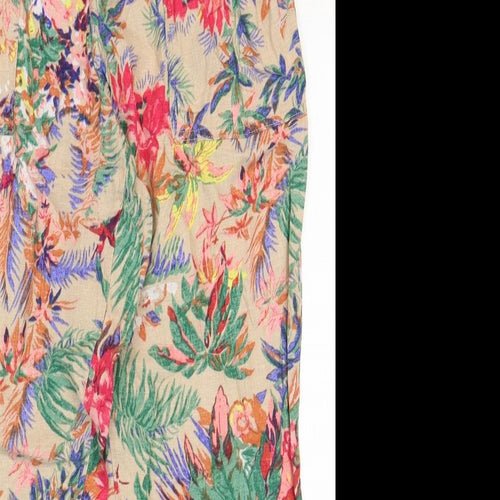 Marks and Spencer Womens Multicoloured Floral Flax Jogger Trousers Size 14 Regular Drawstring