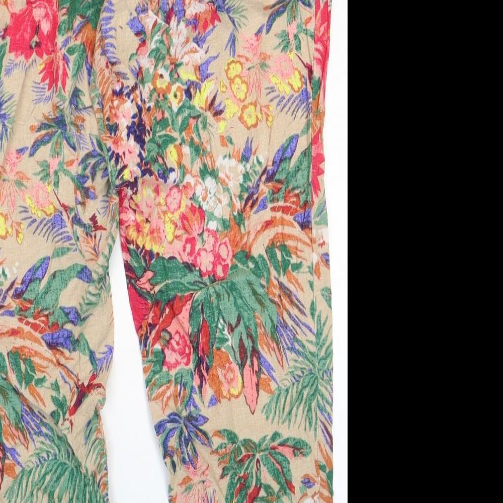 Marks and Spencer Womens Multicoloured Floral Flax Jogger Trousers Size 14 Regular Drawstring