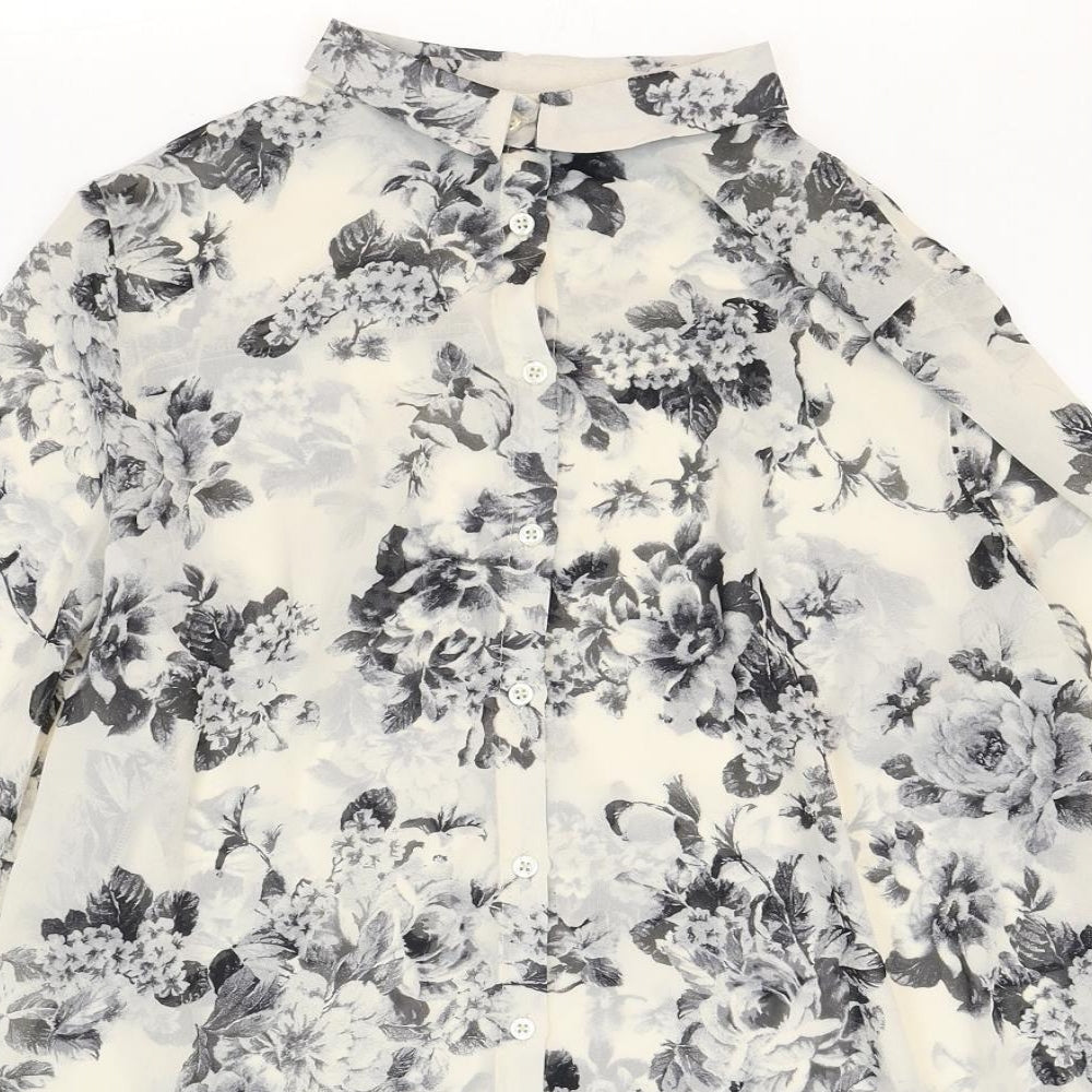 New Look Womens White Geometric Polyester Basic Button-Up Size 14 V-Neck