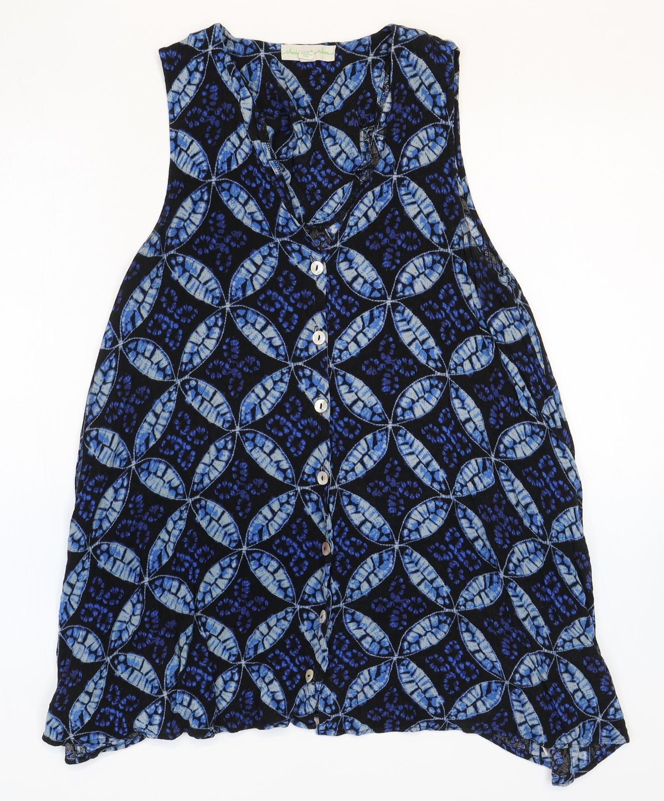Preworn Womens Blue Geometric Rayon Trapeze & Swing Size S V-Neck Button