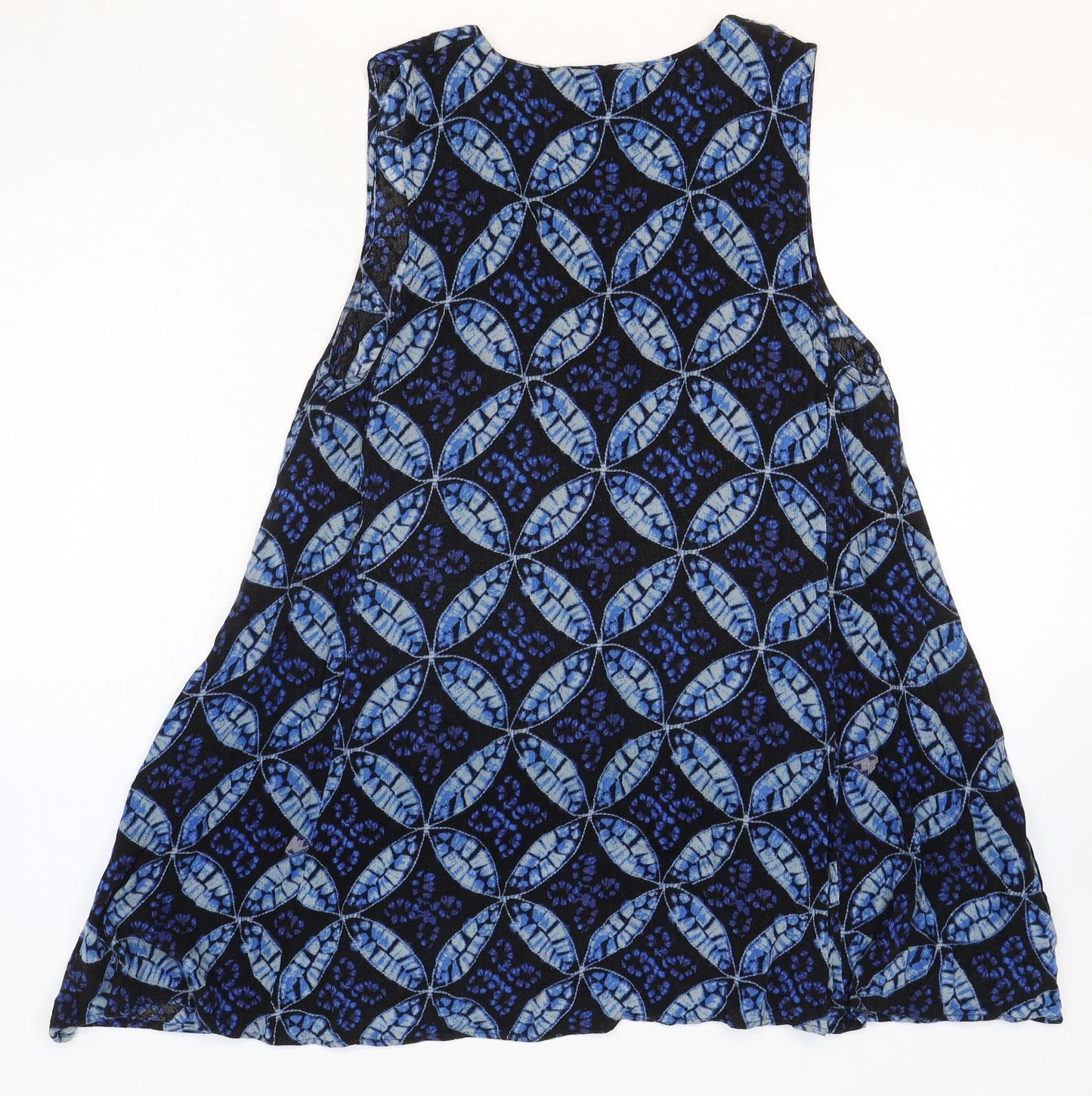 Preworn Womens Blue Geometric Rayon Trapeze & Swing Size S V-Neck Button