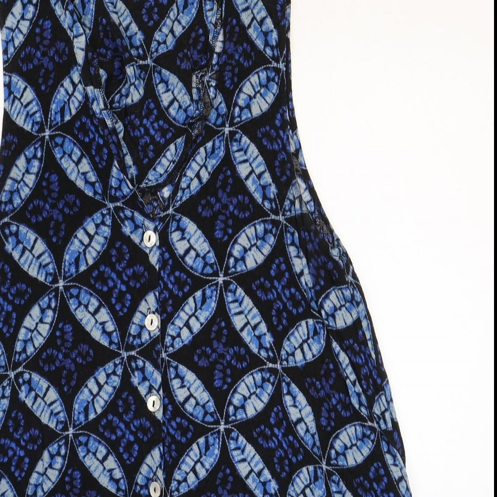 Preworn Womens Blue Geometric Rayon Trapeze & Swing Size S V-Neck Button