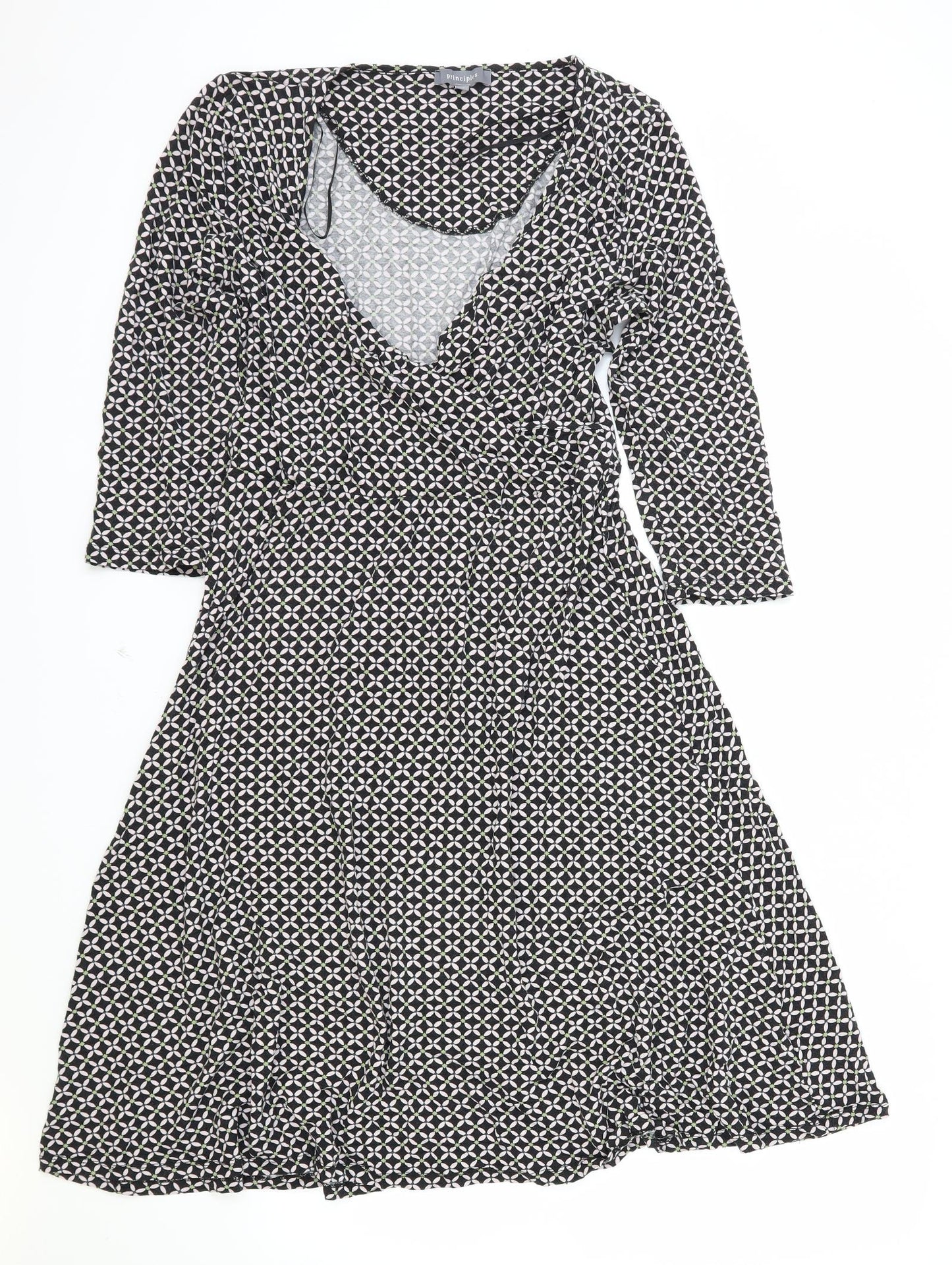 Principles Womens Black Geometric Viscose Fit & Flare Size 16 V-Neck Pullover