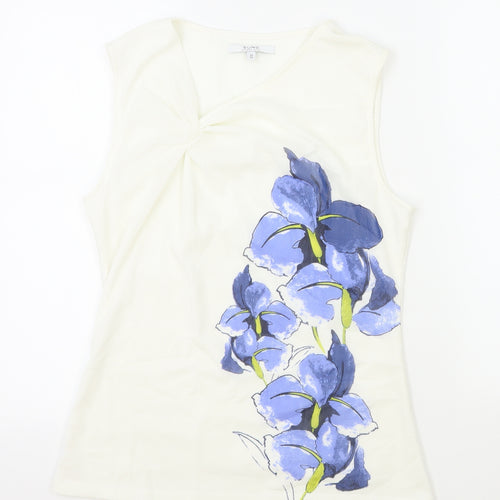 Sung Womens White Polyester Basic Tank Size M V-Neck - Flower Detail