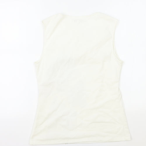 Sung Womens White Polyester Basic Tank Size M V-Neck - Flower Detail