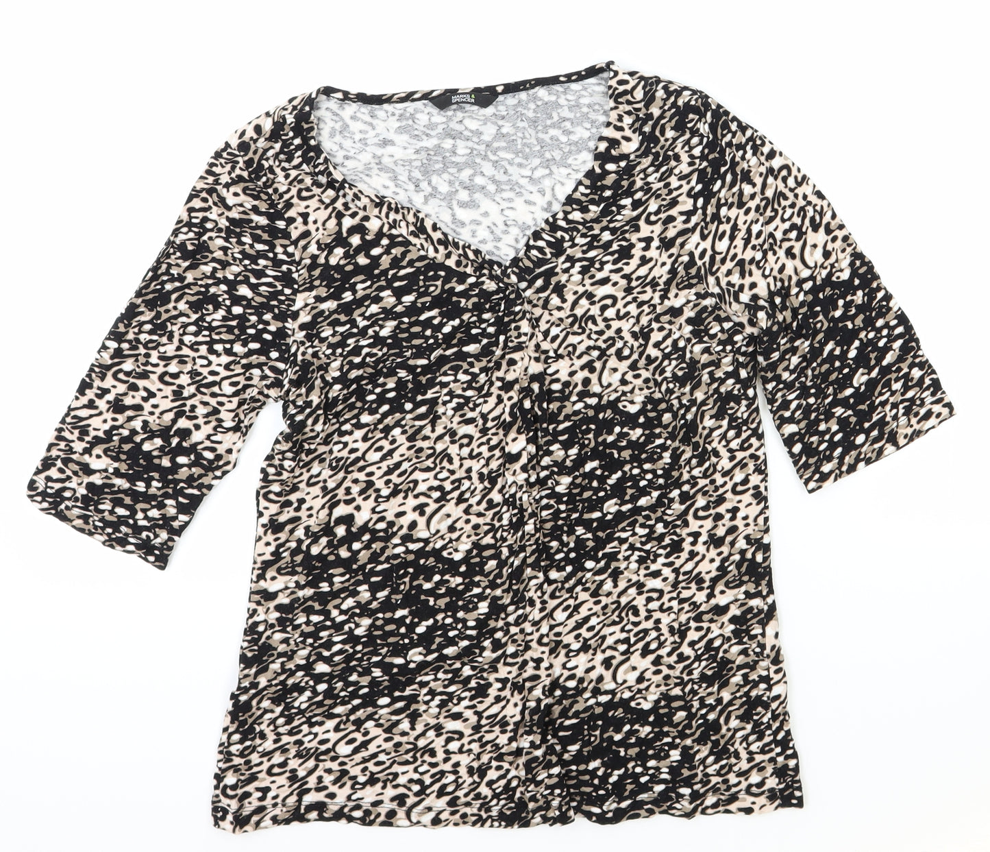 Marks and Spencer Womens Brown Geometric Viscose Basic T-Shirt Size 16 V-Neck