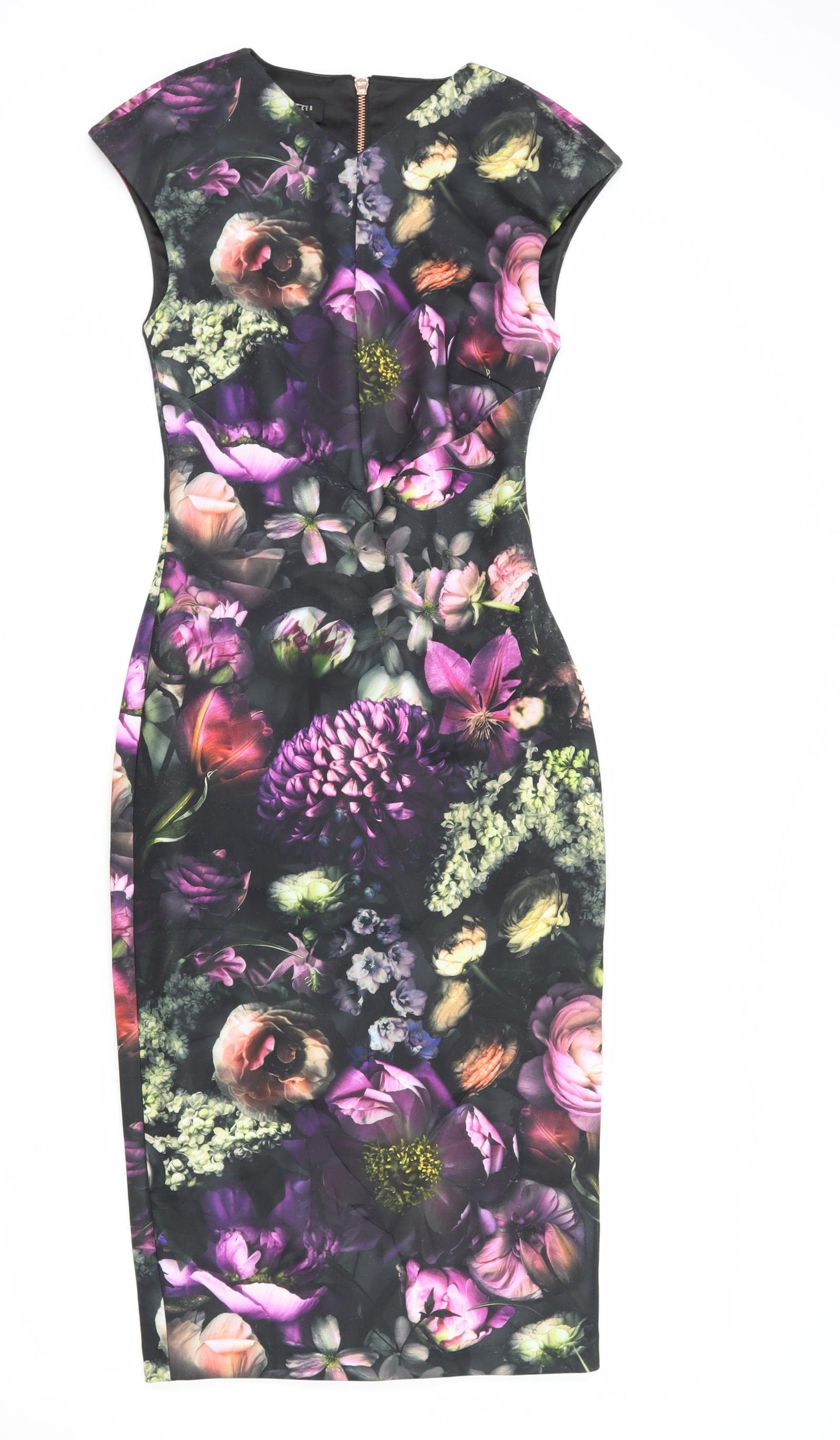 Ted Baker Womens Black Floral Polyester Bodycon Size S V-Neck Zip