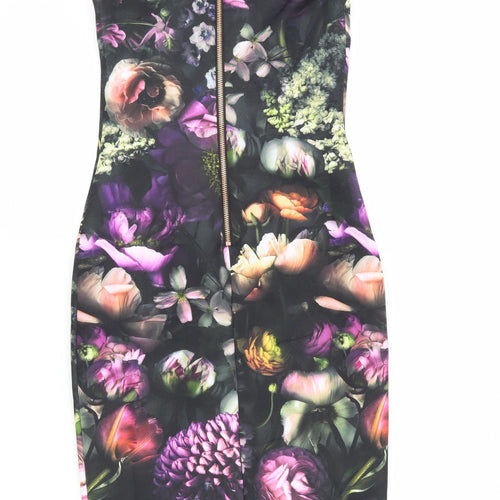 Ted Baker Womens Black Floral Polyester Bodycon Size S V-Neck Zip