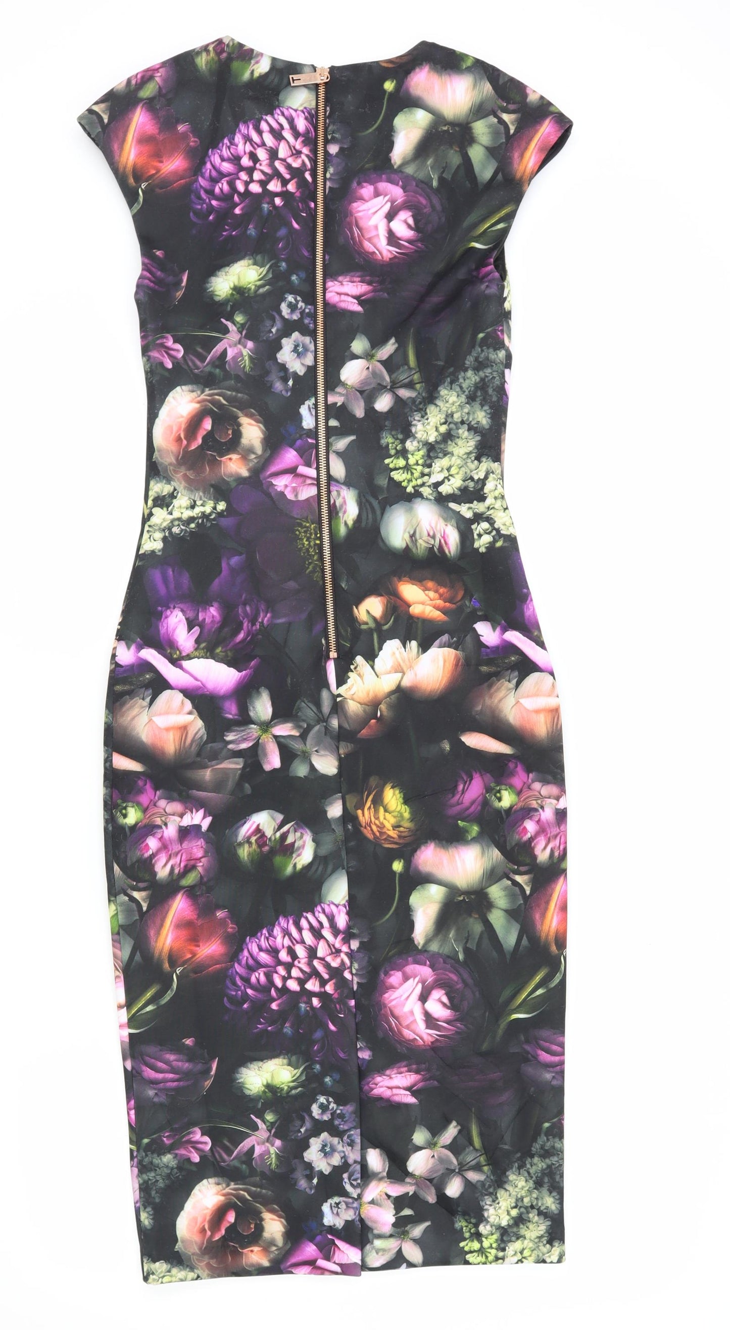 Ted Baker Womens Black Floral Polyester Bodycon Size S V-Neck Zip