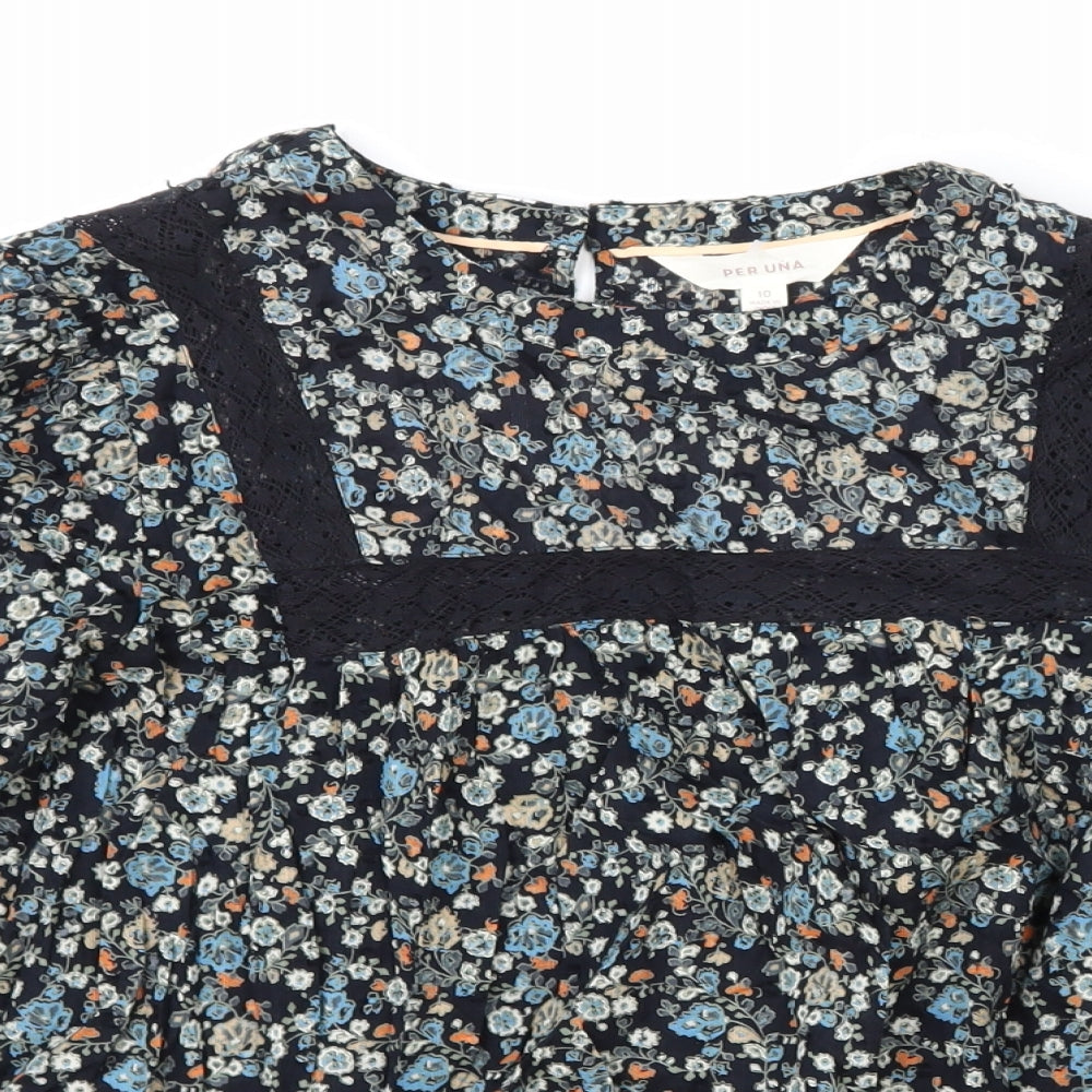 Per Una Womens Black Floral 100% Cotton Basic Blouse Size 10 Scoop Neck