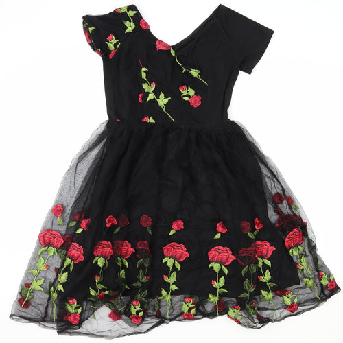 Preworn Womens Black Floral Polyester Ball Gown Size L V-Neck Zip