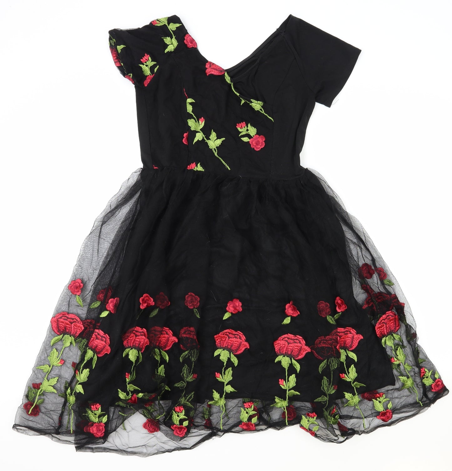 Preworn Womens Black Floral Polyester Ball Gown Size L V-Neck Zip