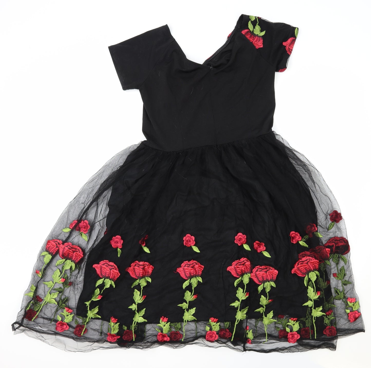 Preworn Womens Black Floral Polyester Ball Gown Size L V-Neck Zip