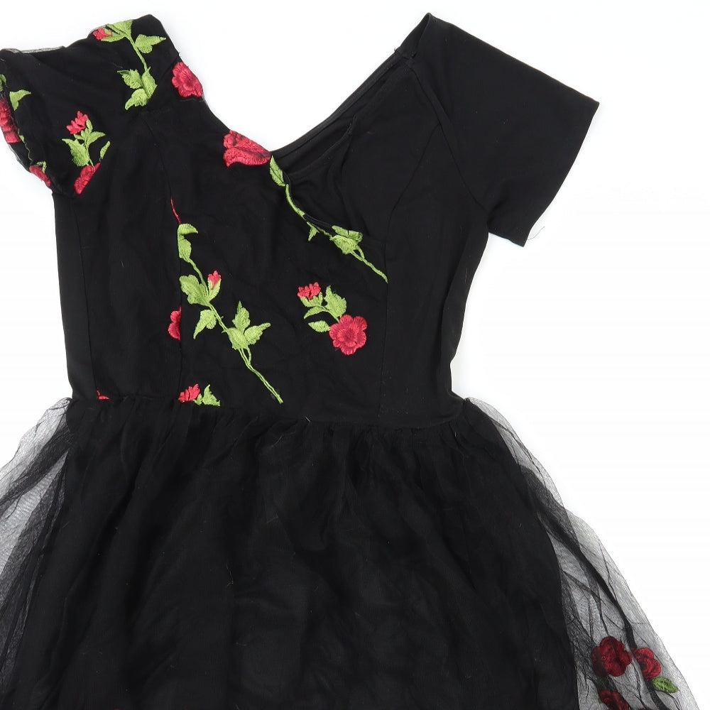 Preworn Womens Black Floral Polyester Ball Gown Size L V-Neck Zip