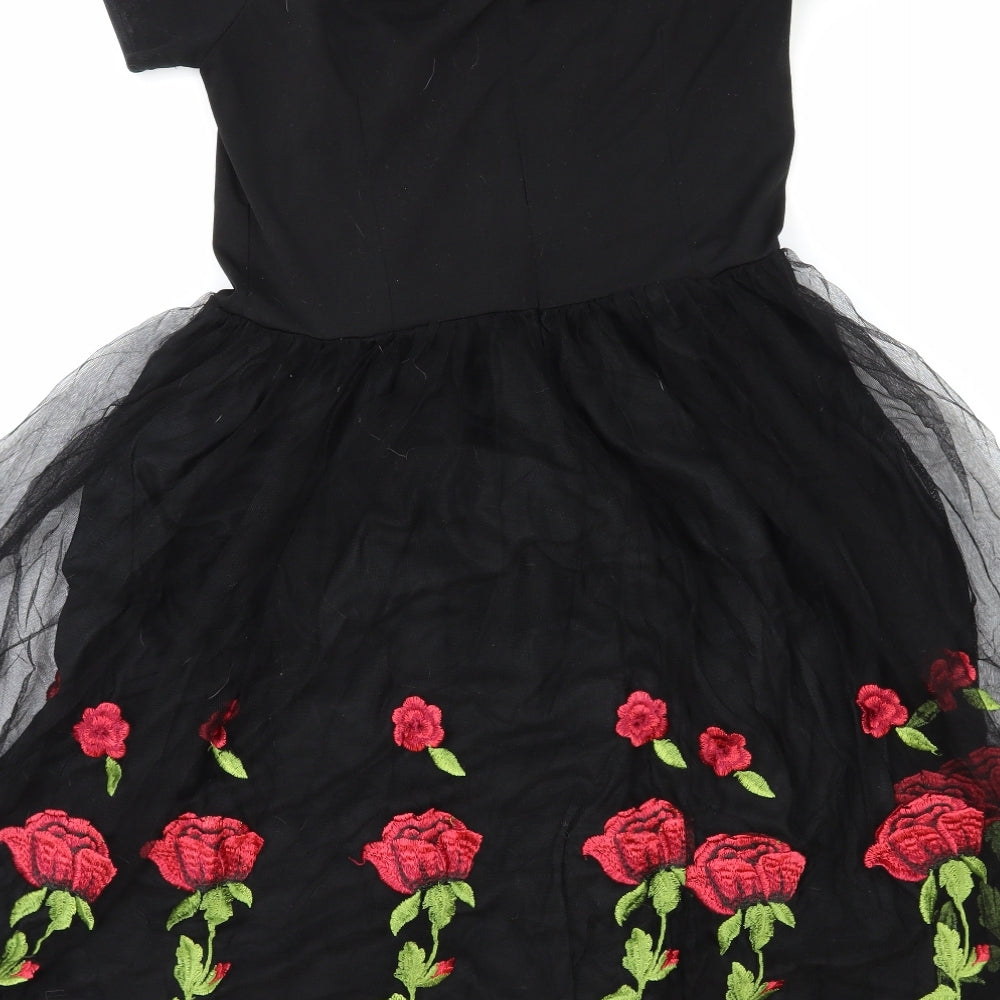 Preworn Womens Black Floral Polyester Ball Gown Size L V-Neck Zip
