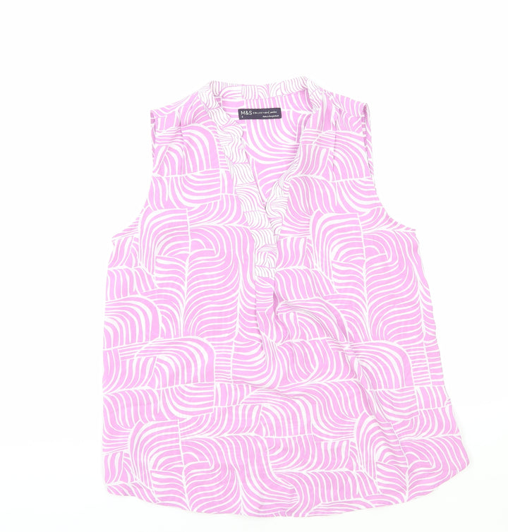 Marks and Spencer Womens Pink Geometric Polyester Basic Blouse Size 6 V-Neck