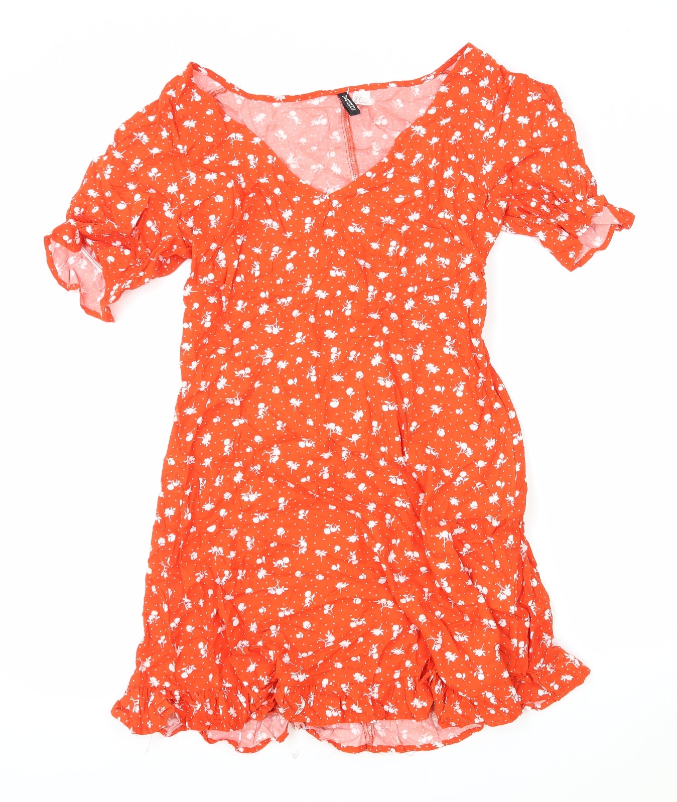 H&M Womens Red Floral Viscose A-Line Size M V-Neck Zip