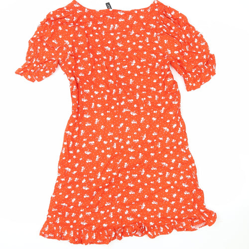 H&M Womens Red Floral Viscose A-Line Size M V-Neck Zip