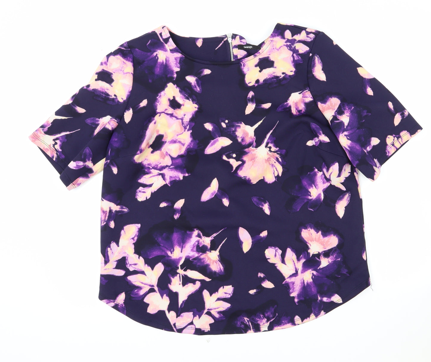 George Womens Purple Floral Polyester Basic T-Shirt Size 18 Round Neck