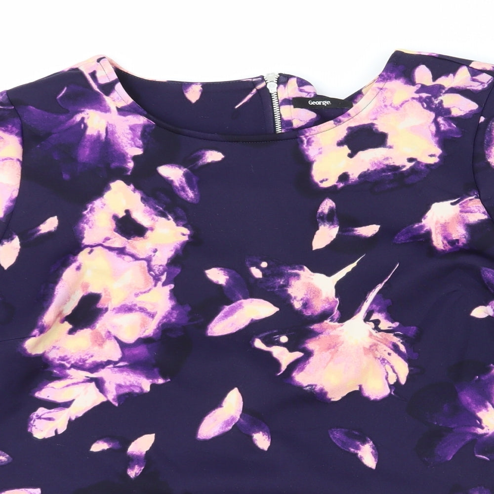 George Womens Purple Floral Polyester Basic T-Shirt Size 18 Round Neck