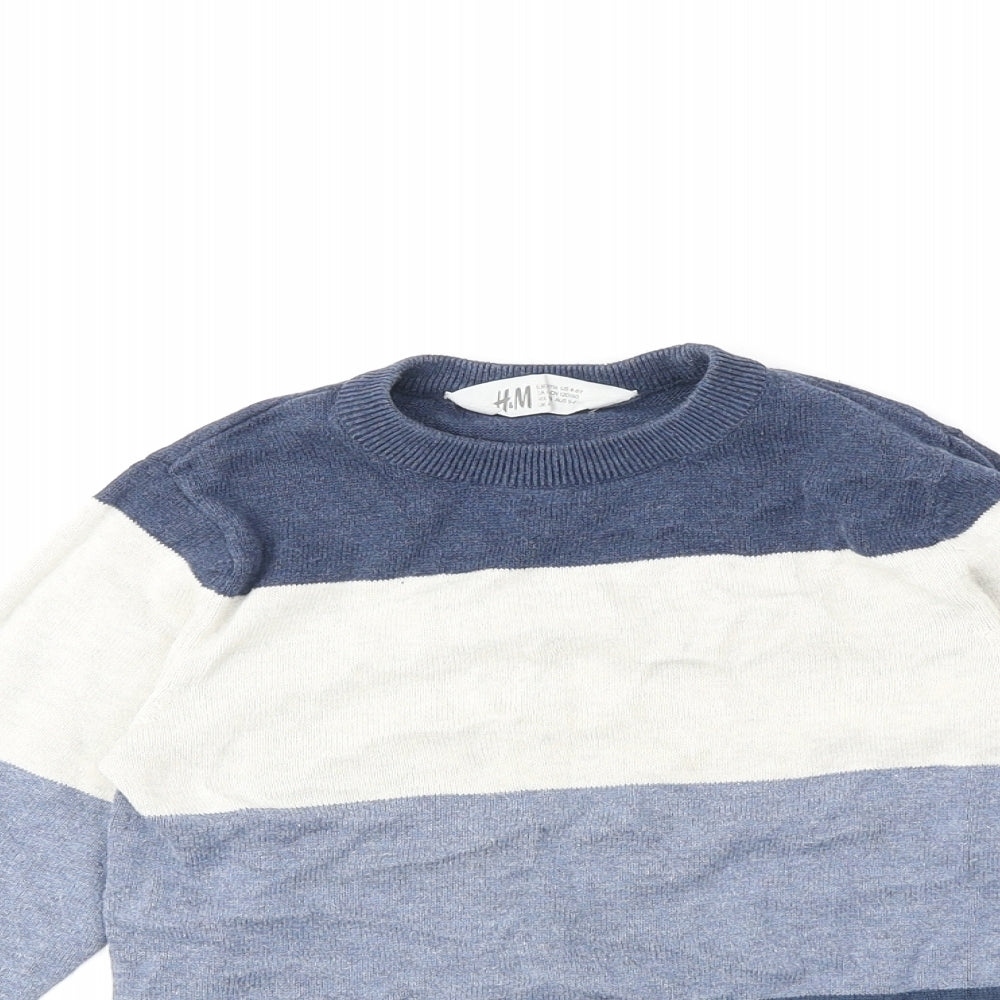 H&M Boys Blue Round Neck Striped 100% Cotton Pullover Jumper Size 5-6 Years Pullover