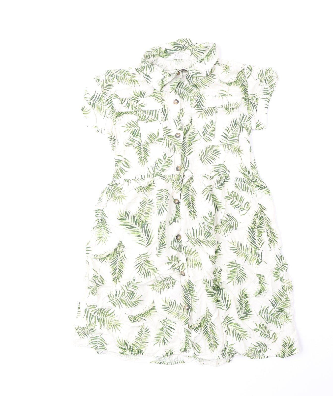 H&M Girls Green Geometric Viscose A-Line Size 8-9 Years Collared Button - Leaves