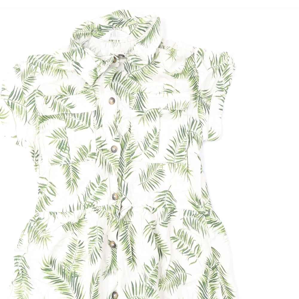 H&M Girls Green Geometric Viscose A-Line Size 8-9 Years Collared Button - Leaves