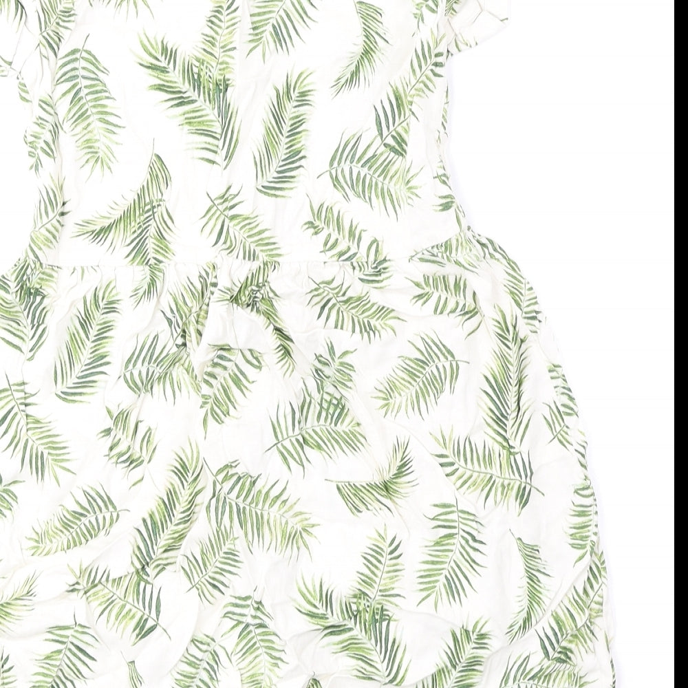 H&M Girls Green Geometric Viscose A-Line Size 8-9 Years Collared Button - Leaves