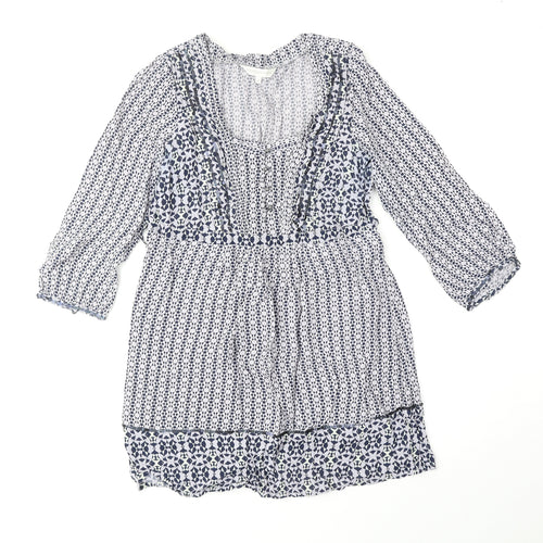 John Rocha Womens Blue Geometric Viscose Tunic Blouse Size 12 Scoop Neck